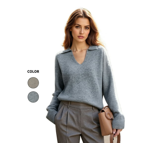 PAOLA RIBONI Women's V-Neck Drop Shoulder Polo Pullover in Cozy Gray Knit Fabric for a Stylish Relaxed Fit Excellent for Everyday Casual Wear