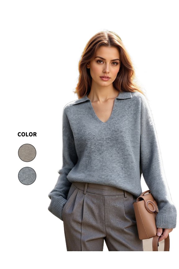 Women's V-Neck Drop Shoulder Polo Pullover in Cozy Gray Knit Fabric for a Stylish Relaxed Fit Excellent for Everyday Casual Wear