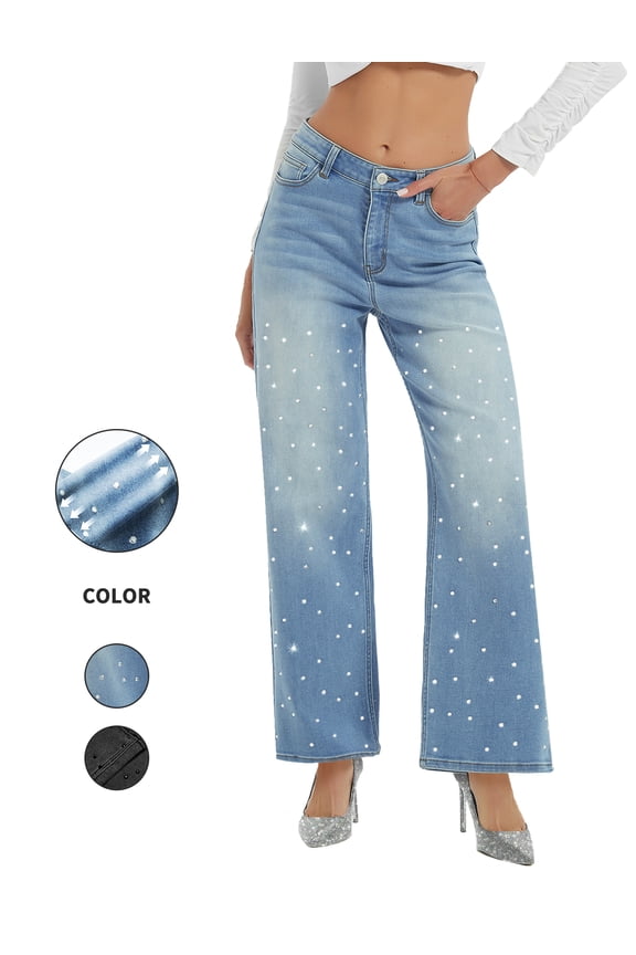 Womens Mid Waisted Rhinestone Jeans Straight Wide Leg Vintage Wash Sparkling Bling Denim Pants Shiny Sequin Trouser