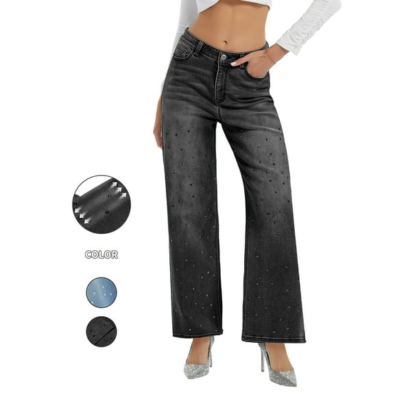 PAOLA RIBONI Womens Mid Waisted Rhinestone Jeans Straight Wide Leg Vintage Wash Sparkling Bling Denim Pants Shiny Sequin Trouser