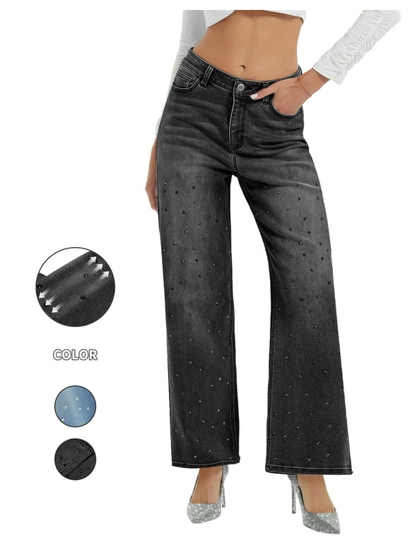 Womens Mid Waisted Rhinestone Jeans Straight Wide Leg Vintage Wash Sparkling Bling Denim Pants Shiny Sequin Trouser