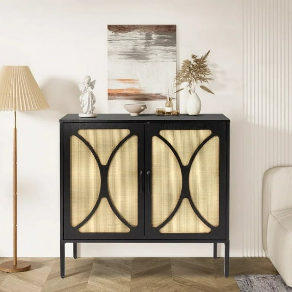 PAOLFOX 2 Door Rattan Accent Storage Cabinet with Adjustable Shelf, Black