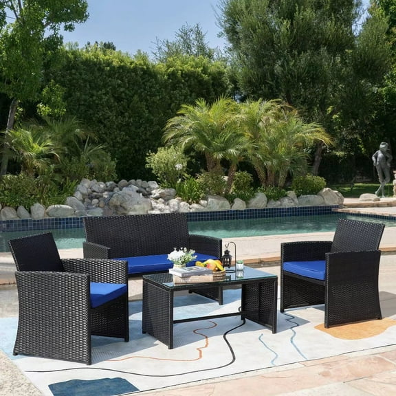PAOLFOX 4 Pieces Patio PE Rattan Wicker Furniture Conversation Sets Cushioned Sofa Table Garden