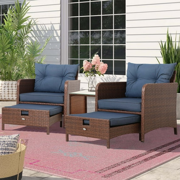 PAOLFOX 5 Piece Patio Wicker Furniture Set with Ottomans,Dark Blue