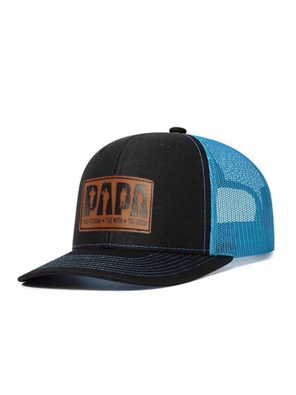 PAPA THE VETERAN THE MYTH THE LEGEND Letter leather label pattern, suitable for travel and casual outfits, breathable outdoor baseball cap for men, adjustable