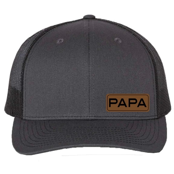 PAPA Vegan Leather Patch Cap, Richardson 112, Dad Hat, Birthday & Father's Day Gift, Richardson Cap (Charcoal Black)