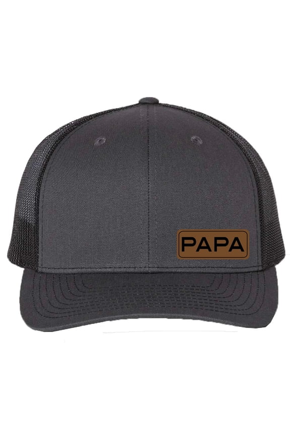 PAPA Vegan Leather Patch Cap, Richardson 112, Dad Hat, Birthday & Father's Day Gift, Richardson Cap (Charcoal Black)