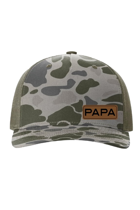 PAPA Vegan Leather Patch Cap, Richardson 112, Dad Hat, Birthday & Father's Day Gift, Richardson Cap (Marsh Camo)