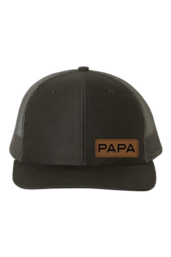 PAPA Vegan Leather Patch Cap, Richardson 112, Dad Hat, Birthday & Father's Day Gift, Richardson Cap (Solid Black)