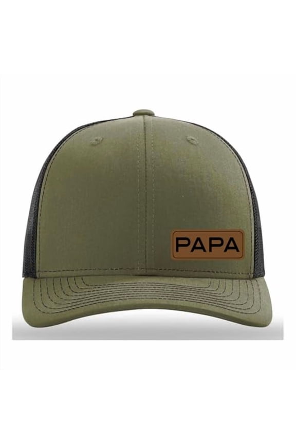 PAPA Vegan Leather Patch Cap, Richardson 112, Dad Hat, Birthday Gift for Dad, Father's Day Gift, Richardson Cap (Loden Black)
