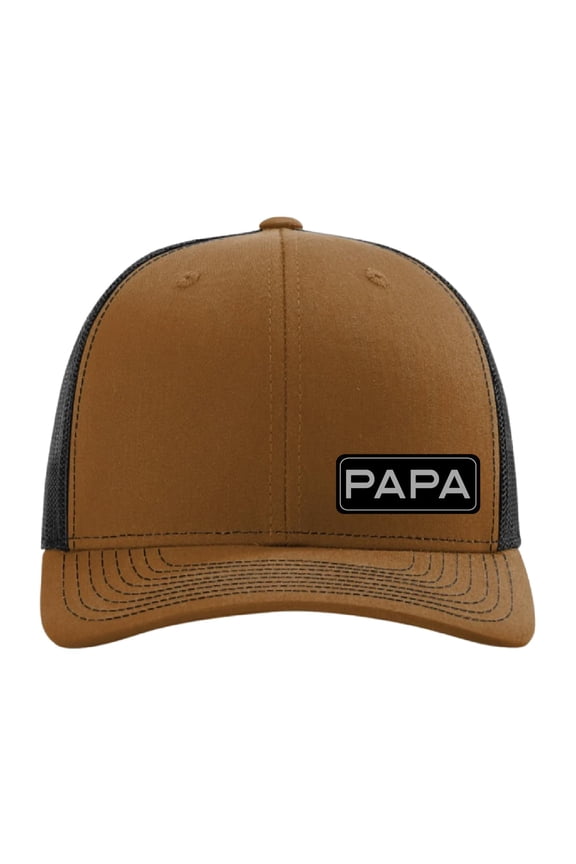 PAPA Vegan Leather Patch Cap, Richardson 112, Richardson Hat, Dad Hat, Dad Gift, Dad Birthday Gift, Richardson Cap (Caramel/Black)