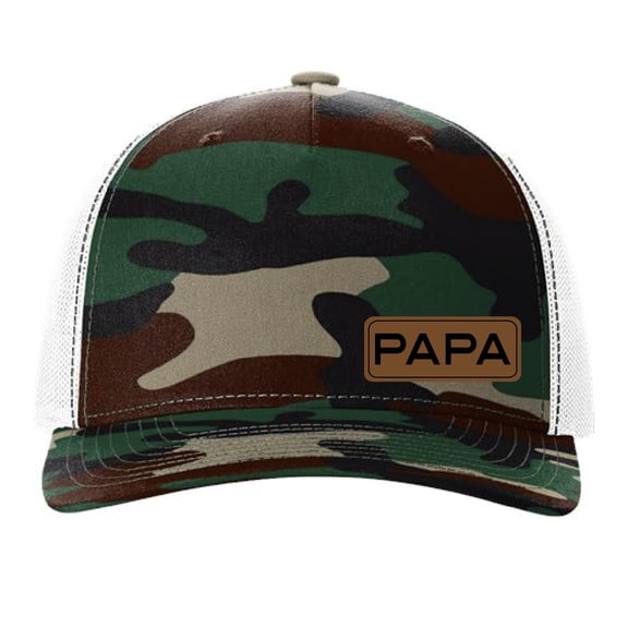 PAPA Vegan Leather Patch Cap, Richardson 112, Richardson Hat, Dad Hat, Dad Gift, Dad Birthday Gift, Richardson Cap (Green Camo/White)