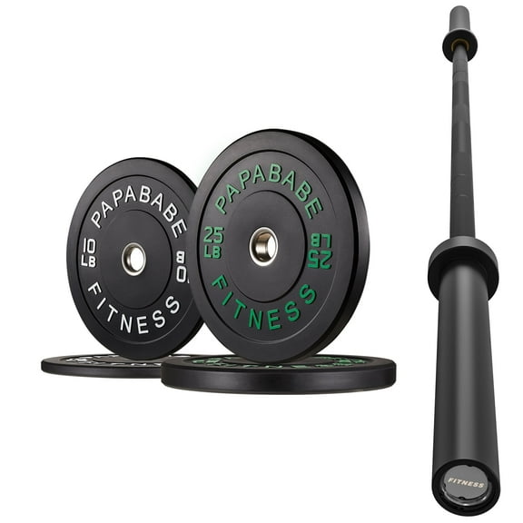 PAPABABE 7-Foot Black Olympic Barbell 1000LB Weight Capacity with 70 LB Bumper Plates Set, 2 Inch Weights Plates, Weights Lifting Power Lifting