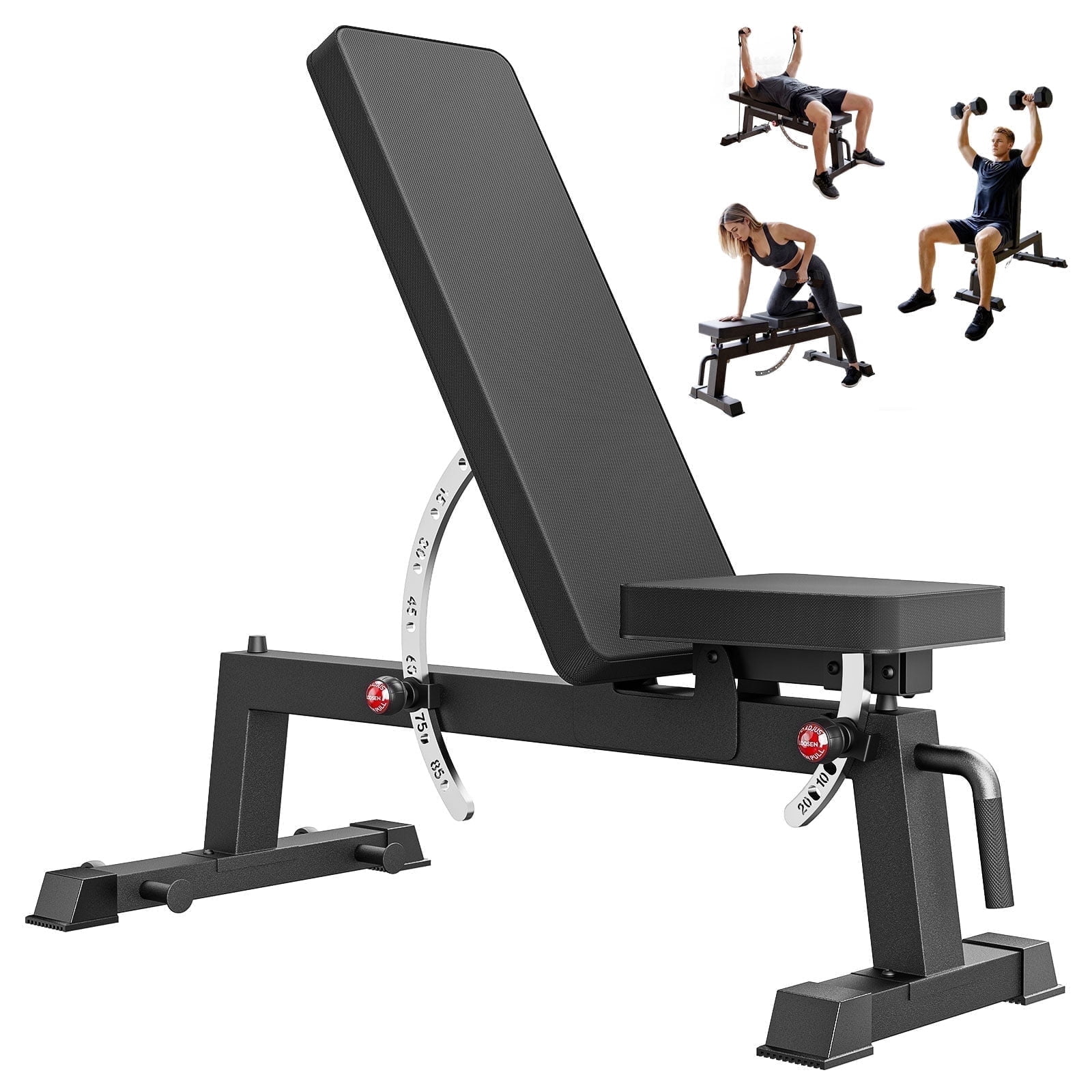 ROALW Heavy-Duty Adjustable Weight Bench for Curls & Full-Body Workout, Two-Way Angle Adjust, Extended Easy-Clean Backrest, Built-In Wheels for Home Gym