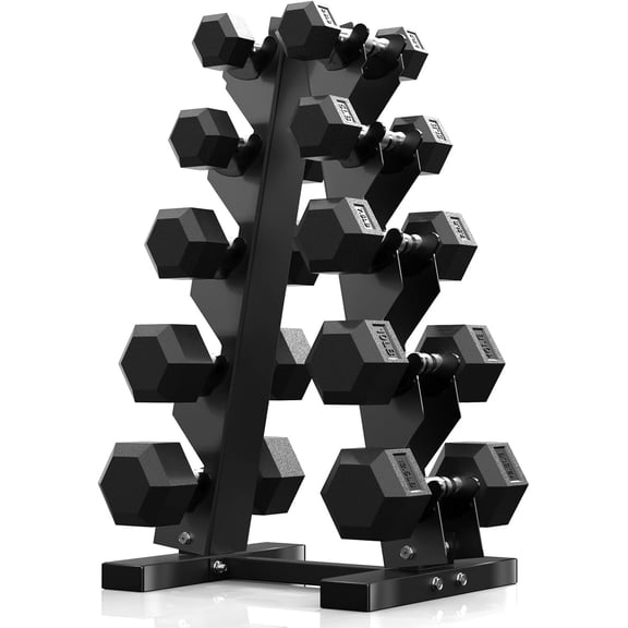 PAPABABE Dumbbell Set with Rack, Rubber Encased Hex Dumbbell Free Weights Dumbbells Set with Storage Rack, Home Weight Set
