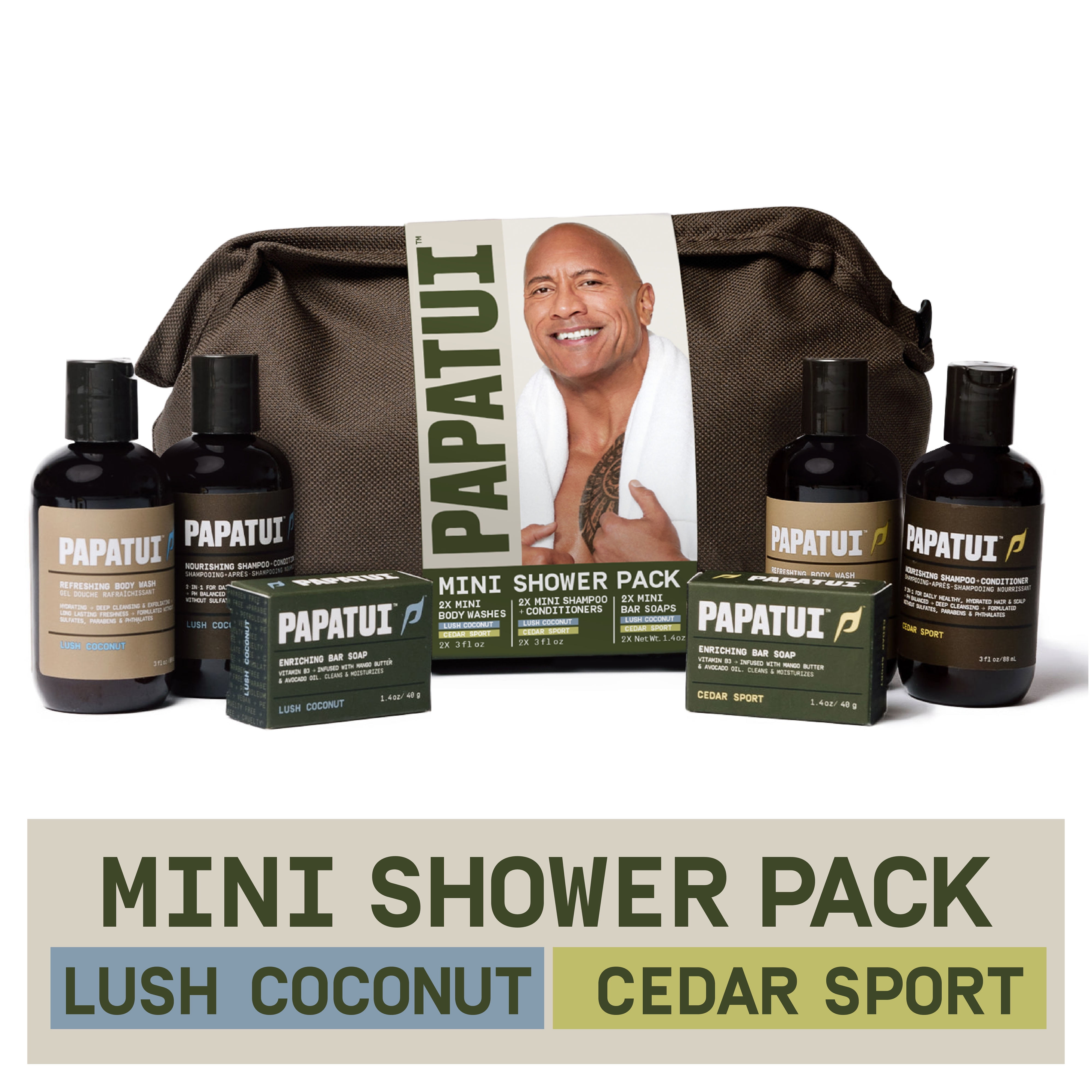 Papatui Holiday Gift Set, Men's Care Mini Shower Pack, Mini Shampoo Conditioner, Body Wash, Bar Soap, Lush Coconut and Cedar Sport Scent