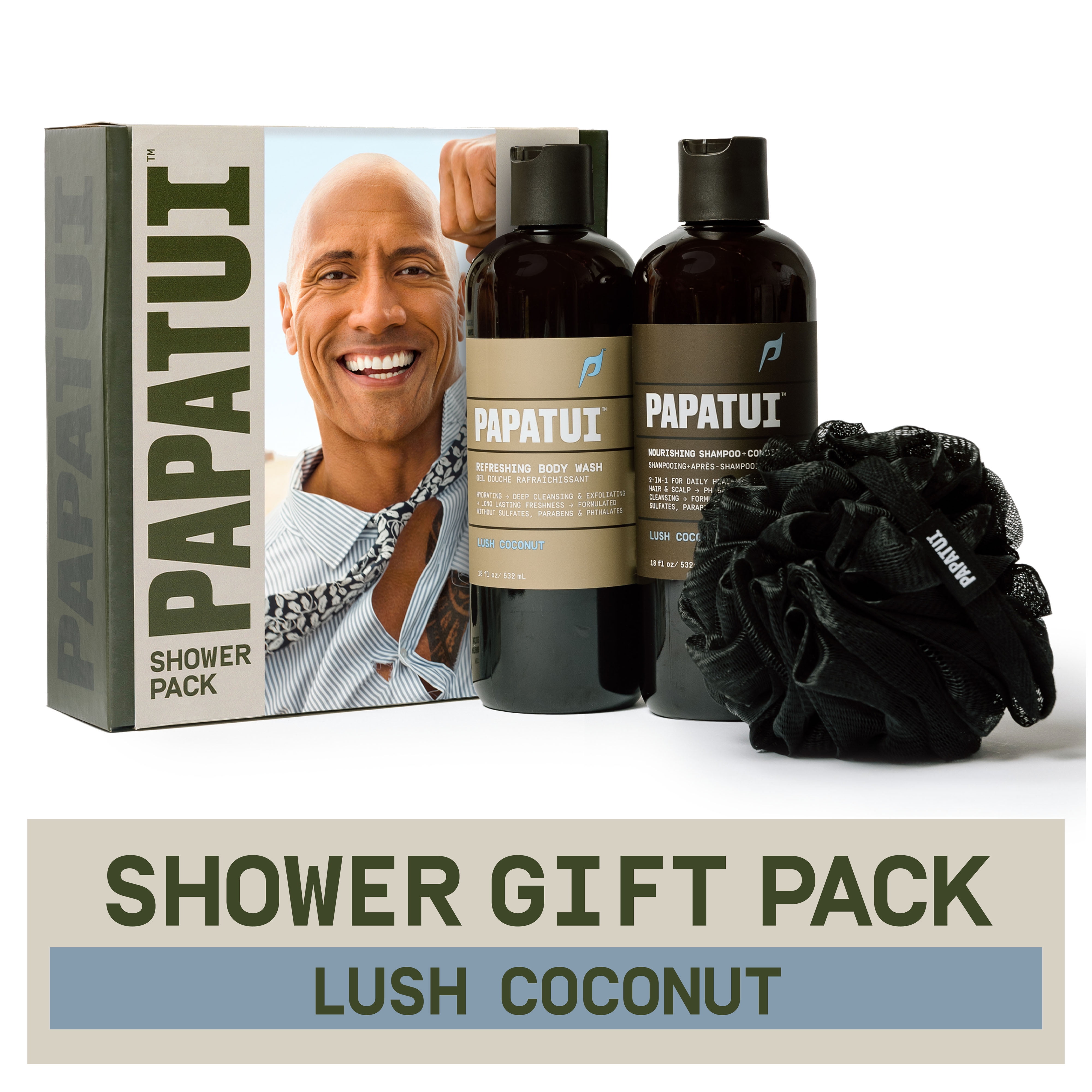 Papatui Holiday Gift Set - Men's Care Shower Pack, Lush Coconut Scent, 18 oz Shampoo Conditioner, Body Wash, Loofah, Limited Edition