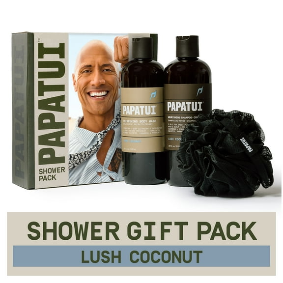 Papatui Holiday Gift Set - Men's Care Shower Pack, Lush Coconut Scent, 18 oz Shampoo Conditioner, Body Wash, Loofah, Limited Edition