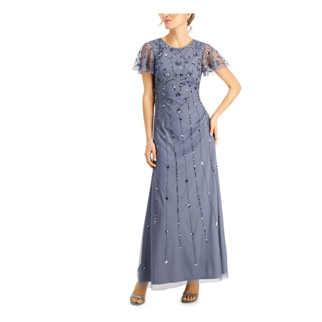 ADRIANNA PAPELL Womens Light Blue Pleated Zippered Chiffon Floral Flutter Sleeve V Neck Maxi Empire Waist Dress main image 1