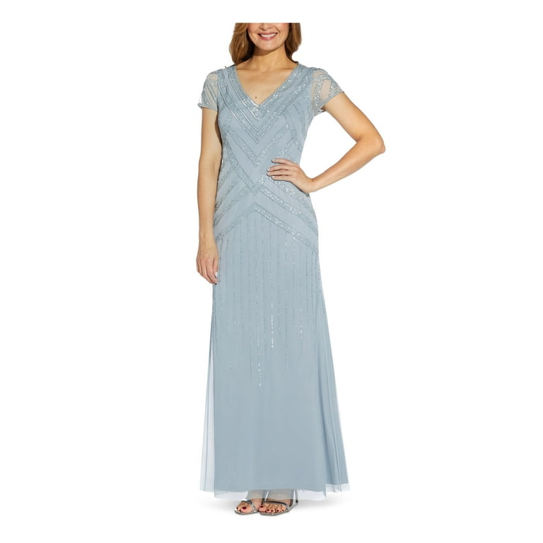 PAPELL STUDIO Womens Light Blue Embellished Zippered Lined Sheer Cut Out Back Slitted Flutter Sleeve Sweetheart Neckline Full Length Formal Sheath