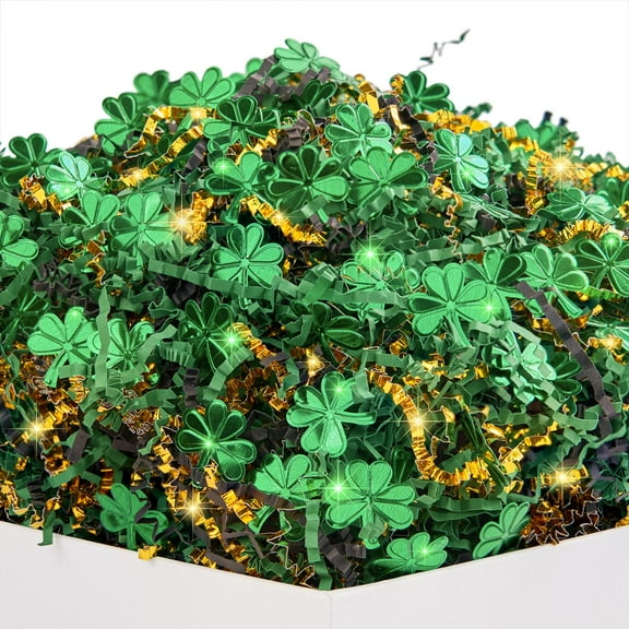 PAPER FAIR 1 LB St Patricks Day Crinkle Cut Paper w/Clover Confetti, Metallic Gold Green Black Easter Grass Raffia Tissue Filler Shred Craft Bedding Cushion, Christmas Birthday for Gift Basket Box