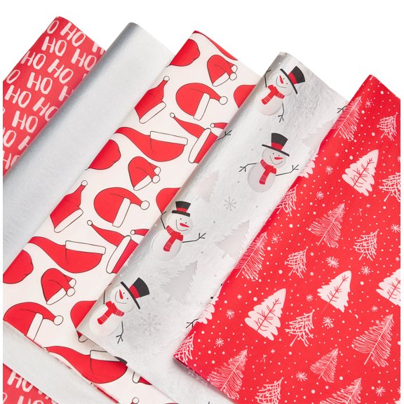 PAPER FAIR 100 Sheet Christmas Red Metallic Silver Tissue Paper for Gift Bags, Snowman, Xmas Tree&Hats, HoHoHo Blending Wrapping Paper for Xmas Decorations, 20x14 in