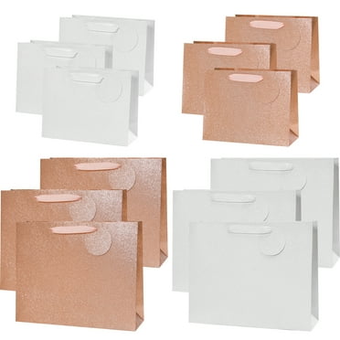 PAPER FAIR 12PCS Assorted Metallic Rose Gold White Glitter Gift Bags Bulk with Tag, for Christmas Wedding Bridal Shower Favor Bag Gift Packaging, Holiday Birthday Party Valentines Day,12.5 x 9 Inch