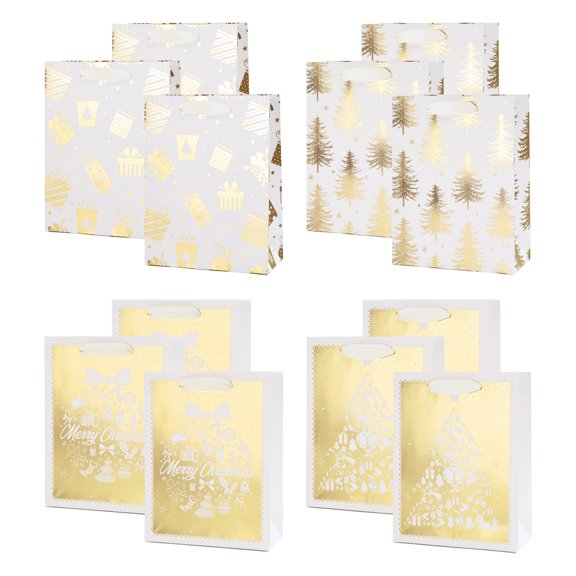 PAPER FAIR 12Pcs Metallic Gold White Christmas Gift Bags Bulk, Medium 9x7 In, Gilded Xmas Tree Gift Wrap Bags, Golden Foiled Paper Favor Bag Gift Packaging for Thanksgiving Holiday New Year Party
