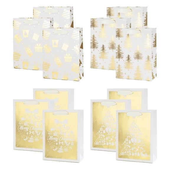 PAPER FAIR 12Pcs Metallic Gold White Christmas Gift Bags Bulk, Medium 9x7 In, Gilded Xmas Tree Gift Wrap Bags, Golden Foiled Paper Favor Bag Gift Packaging for Thanksgiving Holiday New Year Party