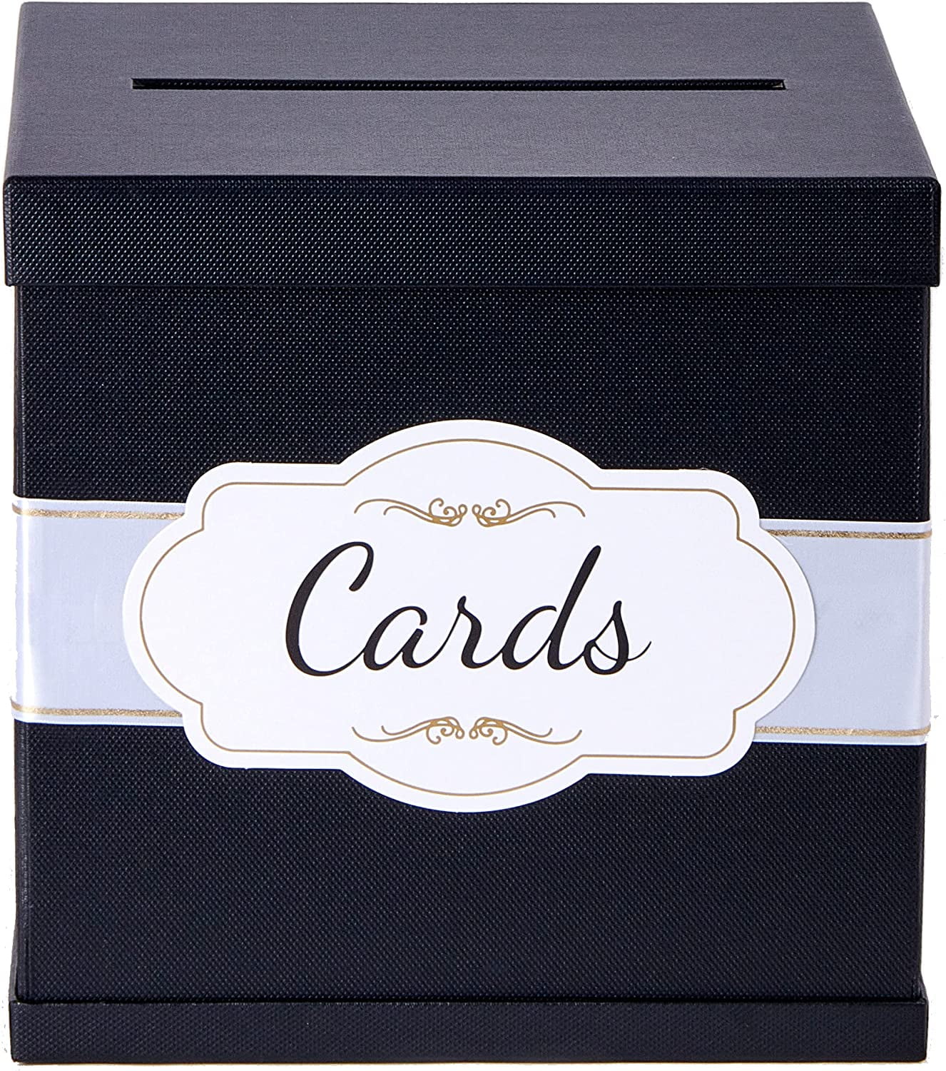 PAPER FAIR Black Gift Card Box White & Gold Satin Ribbon & Cards