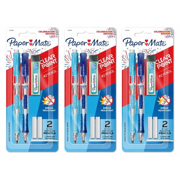 PAPERMATE CLEAR POINT MECHANICAL PENCILS WITH LEAD AND ERASERS 3 PACKS OF 2