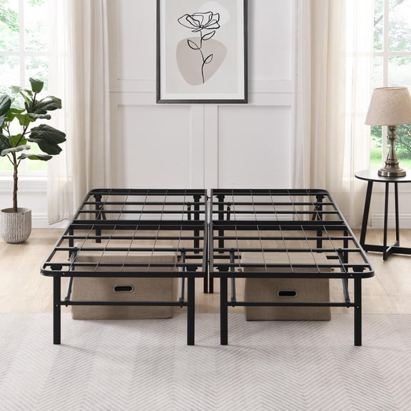 PAPROOS Queen Size Bed Frame, Metal Folding Bed Frame with Under Bed Storage, Heavy Duty Queen Platform Bed with Storage Space, Easy Assembly, No Box Spring Needed, 14 inch, Black