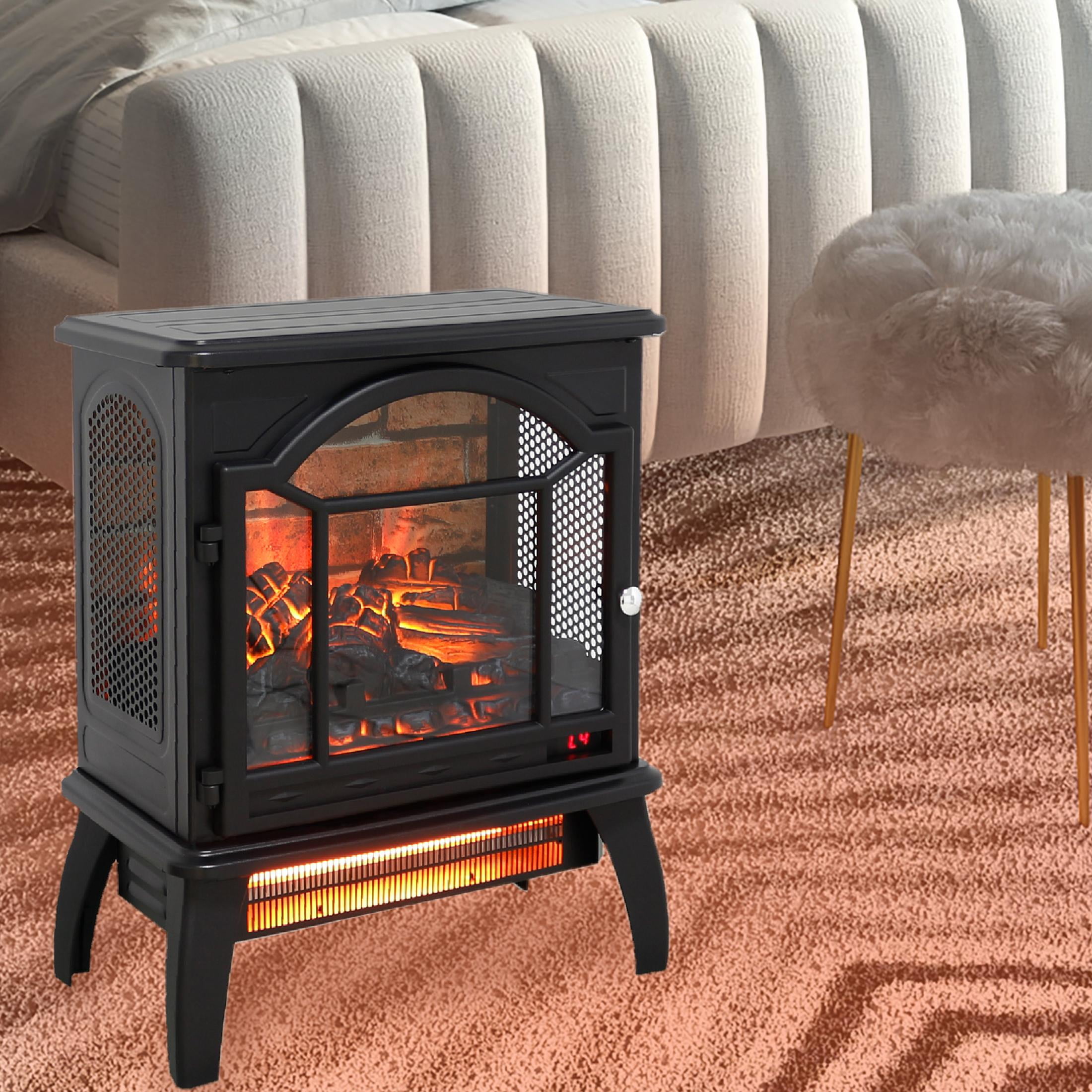 PAPROOS 18 inch Freestanding Electric Fireplace Heater, Quartz Fireplace Infrared Stove Heater with 3D Realistic Flame, Remote Control, Timer, Safety Heater for Indoor Use, 1500W, Antique Black