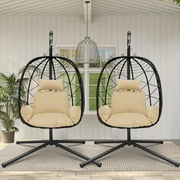 PAPROOS 2 Piece Egg Chair, Hanging Egg Chair with Stand Outdoor Indoor Use, Patio Wicker Swing Basket Chair for Kids Adults, Holds 300lbs, Modern Hammock Chairs for Porch Balcony, Beige