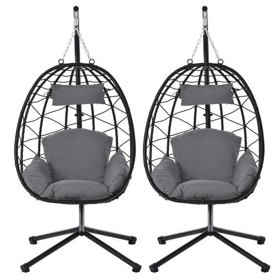 PAPROOS 2PCS Wicker Egg Chair, Indoor Outdoor Swing Chair with Stand and Removable Cushion, All-Weather Rattan Hanging Basket Chair Hammock Chair for Patio Balcony Porch Garden, Dark Gray