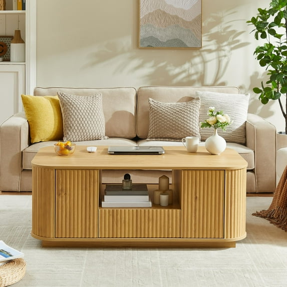 PAPROOS 2-Pieces Oval Fluted Coffee Table, Wooden Center Table with Open Storage Shelf, Storage Coffee Table with 2 Drawers and 4 Doors, Adjustable Feet, Living Room, Office Room, Natural(2 piece)