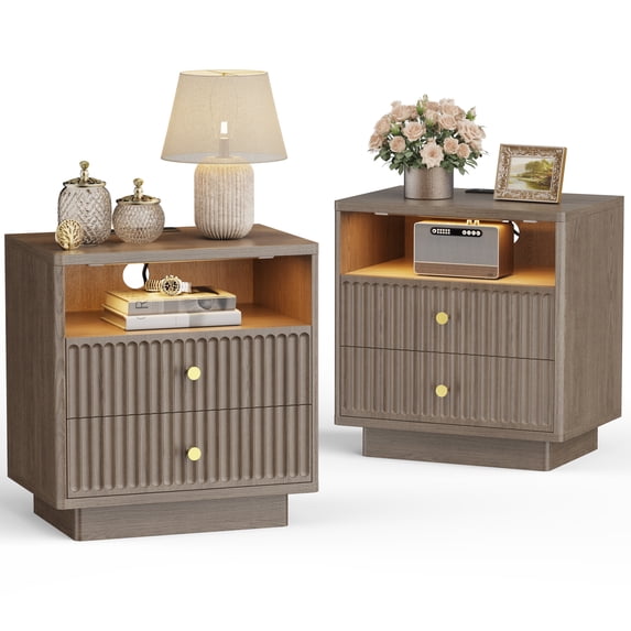 PAPROOS 22.8'' Fluted Nightstand Set of 2, Large 2 Drawers Bedside Table with Charging Station and LED Light, Curved Corner Design Storage Night Stand End Table for Bedroom, Living Room, Brown Gray