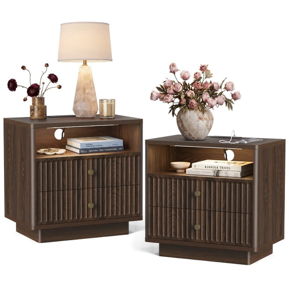 PAPROOS Nightstand Set of 2 with Charging Station, Large 2 Drawers Nightstand with Motion Sensor Light and Curved Corner Design, Fluted Extra Wide Bedside Table for Bedroom, Brown