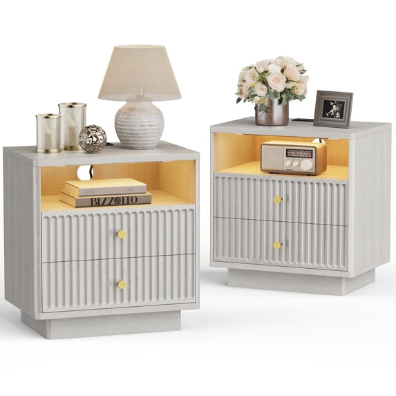 PAPROOS 22.8'' Fluted Nightstand Set of 2, Large 2 Drawers Bedside Table with Charging Station and LED Light, Curved Corner Design Storage Night Stand End Table for Bedroom, Living Room, Beige Gray