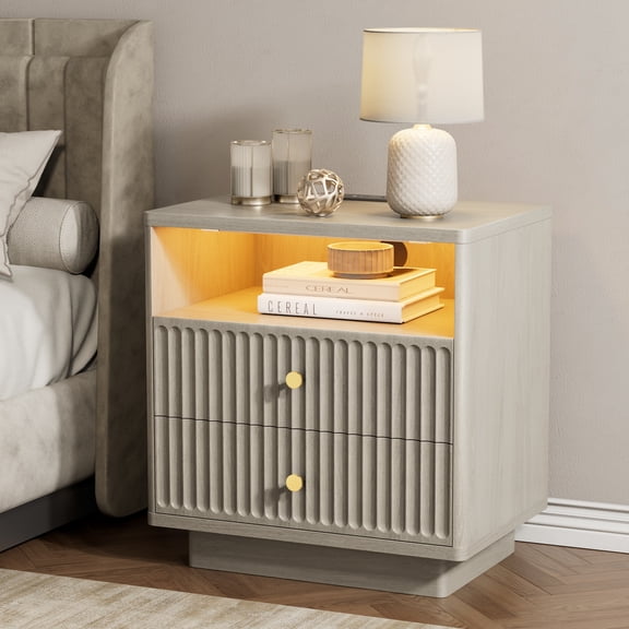 PAPROOS Nightstand with Charging Station, Large 2 Drawers Nightstand with Motion Sensor Light and Curved Corner Design, Fluted Extra Wide Bedside Table for Bedroom, Beige Gray