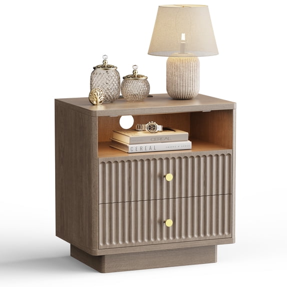 PAPROOS 22.8'' Large Fluted Nightstand, 2 Drawers Bedside Table with Charging Station and LED Light, Curved Corner Design Storage Night Stand End Table for Bedroom, Living Room, Brown Gray