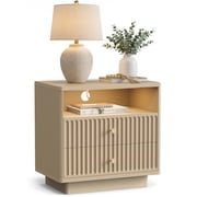 PAPROOS 23 Fluted Nightstand with Charging Station, Large 2-Drawer Nightstand with Motion Sensor Light, Bedside Table for Bedroom, Natural Oak