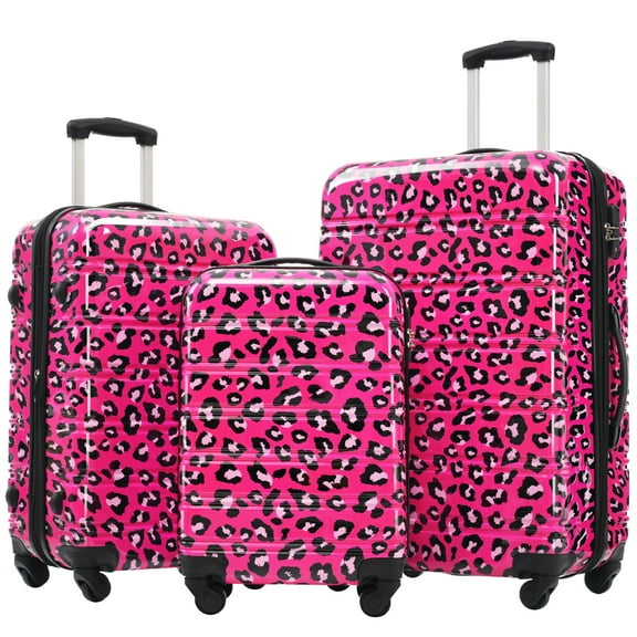 PAPROOS 3-Piece Luggage Set (20"/24"/28"), Hardshell Lightweight Suitcase with TSA-Lock and Spinner Wheels, Expandable Travel Luggage for School, Travel, Hot Pink Leopard