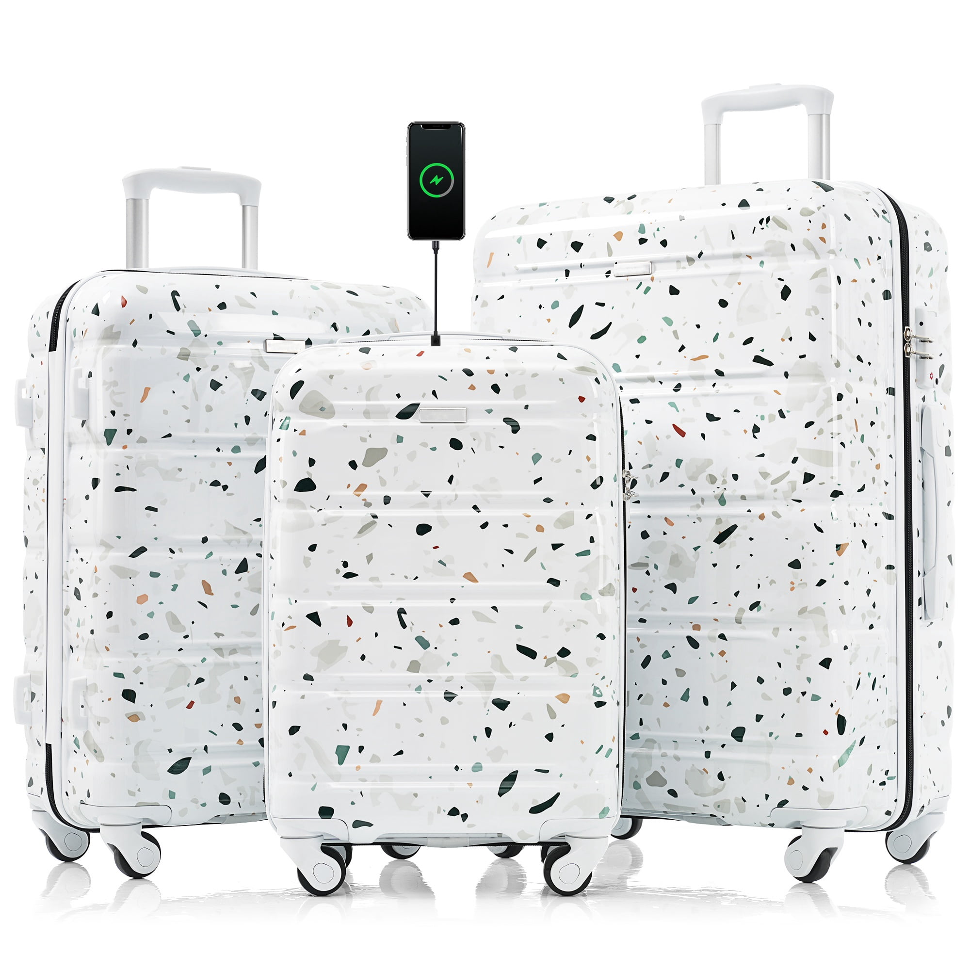 PAPROOS 3-Piece Luggage Set (20''/24''/28''), Hardshell Lightweight Suitcase with USB Port and Side Hooks, Travel Luggage with TSA-Lock, Hardside Rolling Luggage for School, Travel, White