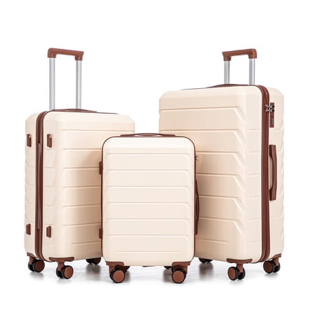 PAPROOS 3 Piece Luggage Set, ABS Carry-on Luggage Set with Spinner Wheels and TSA Lock, Lightweight Hardside Luggage, 20/24/28 Inch Rolling Suitcase Set for Travel Business Trip, Beige