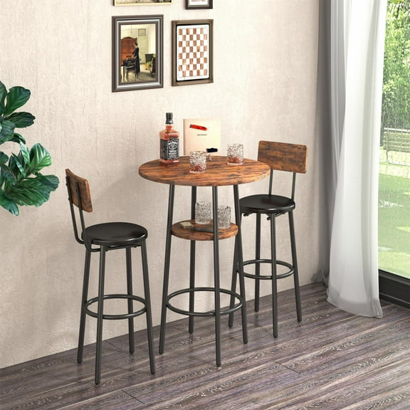 PAPROOS Bar Table Set for 2, Wood Double Layer Round Bar Table and Chairs Set, Industrial Counter Height Pub Table with 2 Upholstered Stools, Metal Frame, Rustic Brown and Black
