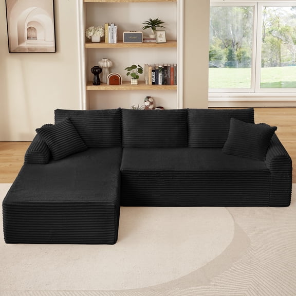 PAPROOS 3-seater Sectional Sofa Couch for Living Room, Modular Corduroy Sectional Couch, Compressed L-Shape Couch with Chaise sofa, Apartments Sofa with Cushions and Pillows, Home Sofa, Black