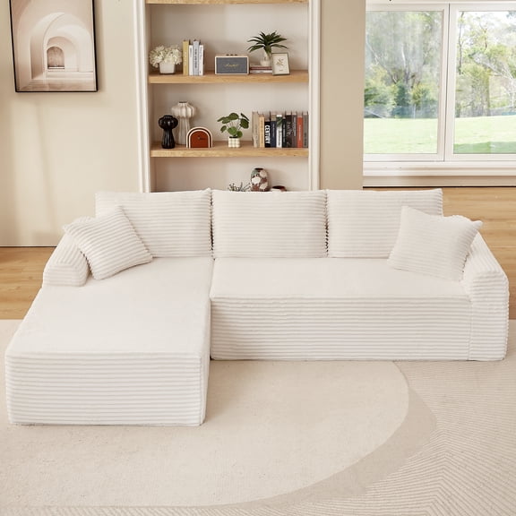 PAPROOS 3-seater Sectional Sofa Couch for Living Room, Modular Corduroy Sectional Couch, Compressed L-Shape Couch with Chaise sofa, Apartments Sofa with Cushions and Pillows, Home Sofa, White