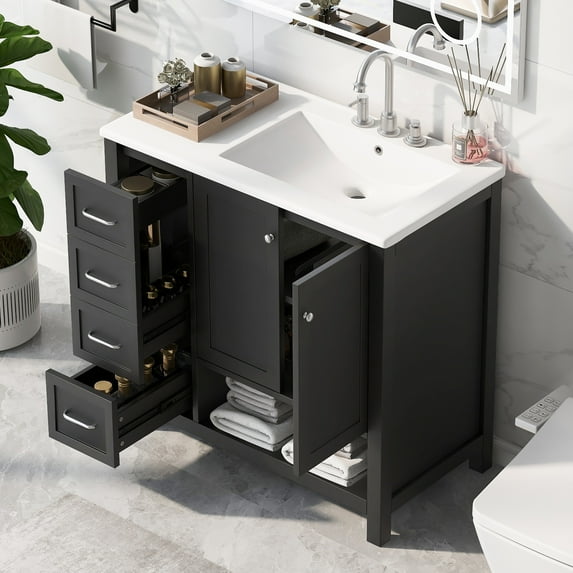 PAPROOS 36” Bathroom Vanity with Sink, Wood Bathroom Storage Cabinet with 2 Doors and 2 Drawers, Modern Basin Cabinet with Open Shelf, Freestanding Solid Wood Frame Bathroom Vanity, Black