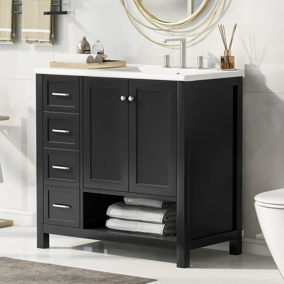 PAPROOS 36” Bathroom Vanity with Sink, Wood Bathroom Storage Cabinet with 2 Doors and 2 Drawers, Modern Basin Cabinet with Open Shelf, Freestanding Solid Wood Frame Bathroom Vanity, Black